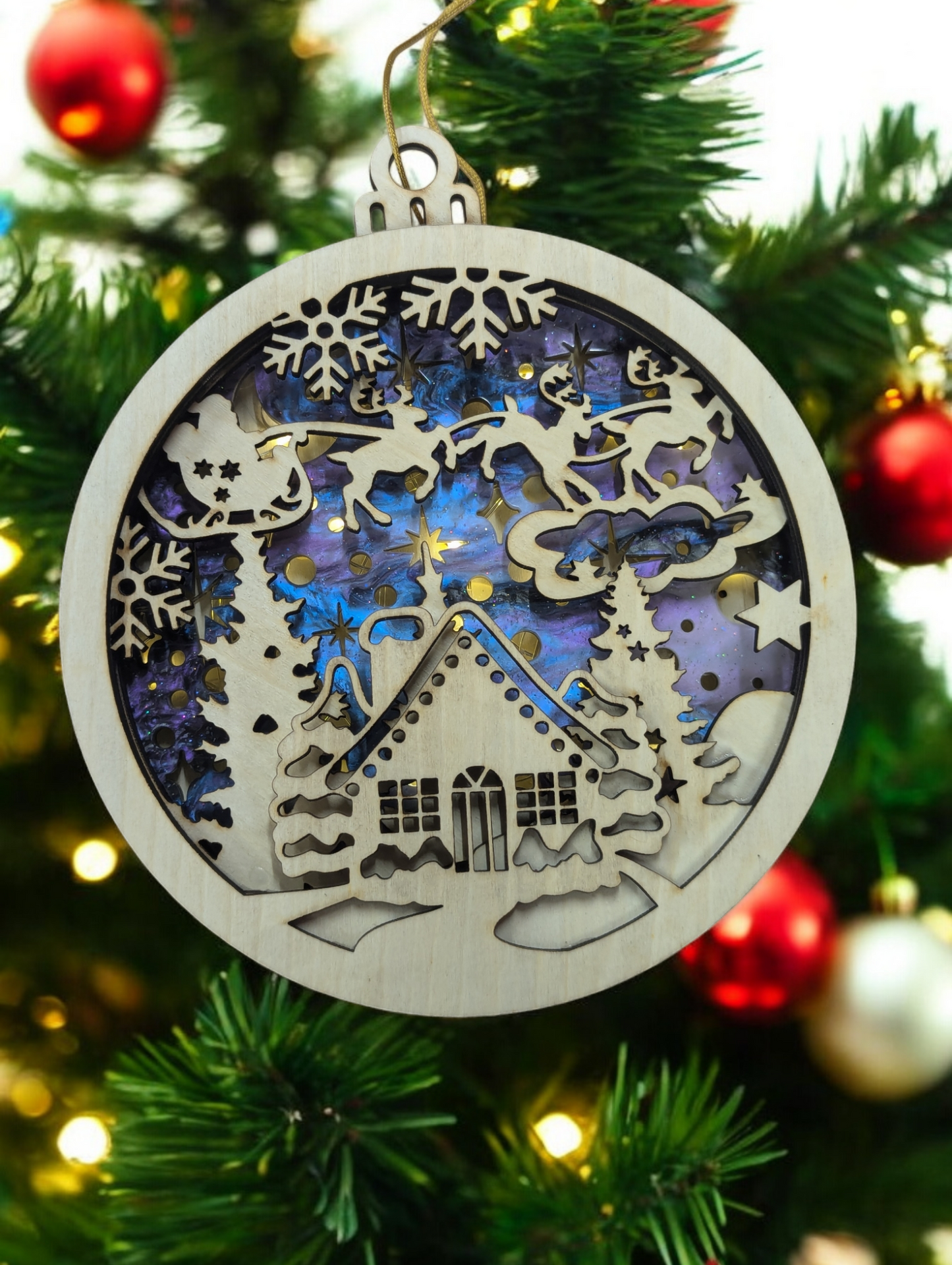 Christmas Village Ornament, Lighted - 7 Layer Ornaments with Birch and Acrylic Accents