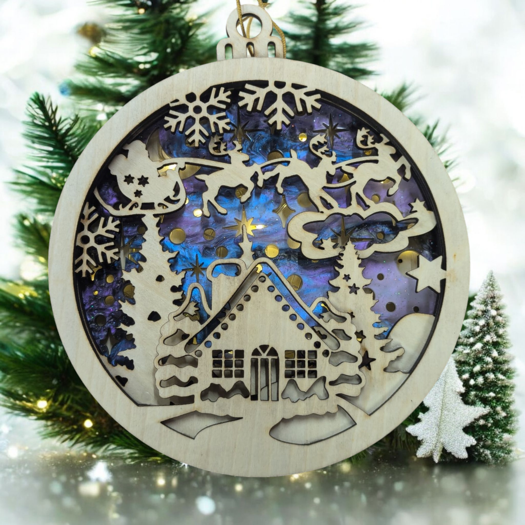 Christmas Village Ornament, Lighted - 7 Layer Ornaments with Birch and Acrylic Accents