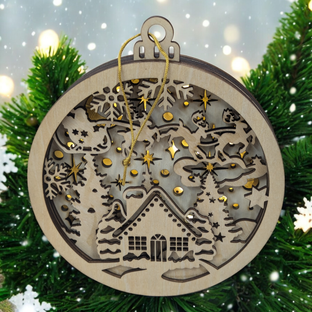 Christmas Village Ornament, Lighted - 7 Layer Ornaments with Birch and Acrylic Accents