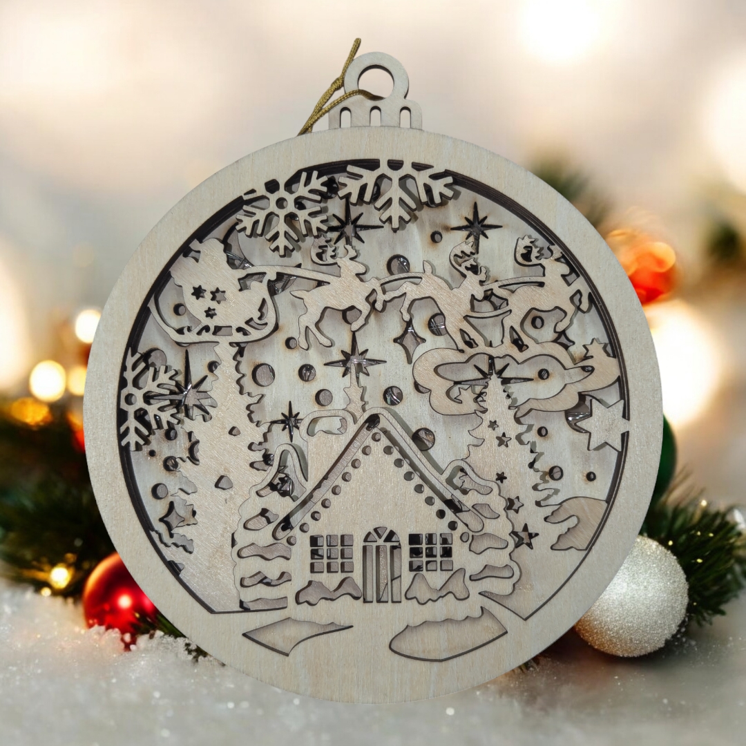 Christmas Village Ornament, Lighted - 7 Layer Ornaments with Birch and Acrylic Accents