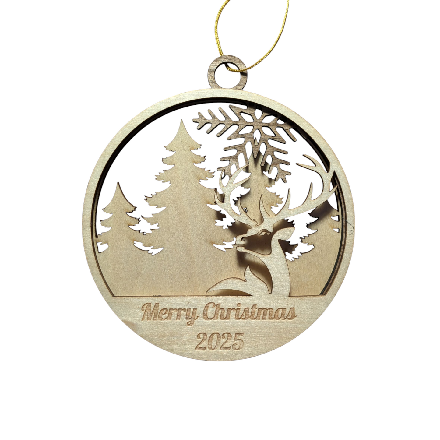 Wooden Christmas ornament with deer and trees design, featuring 'Merry Christmas 2025' text.