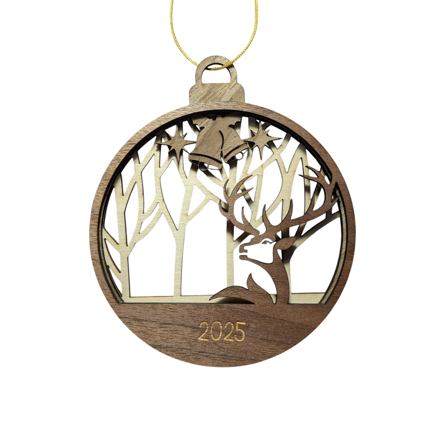 Wooden ornament with deer design and '2025' on a white background