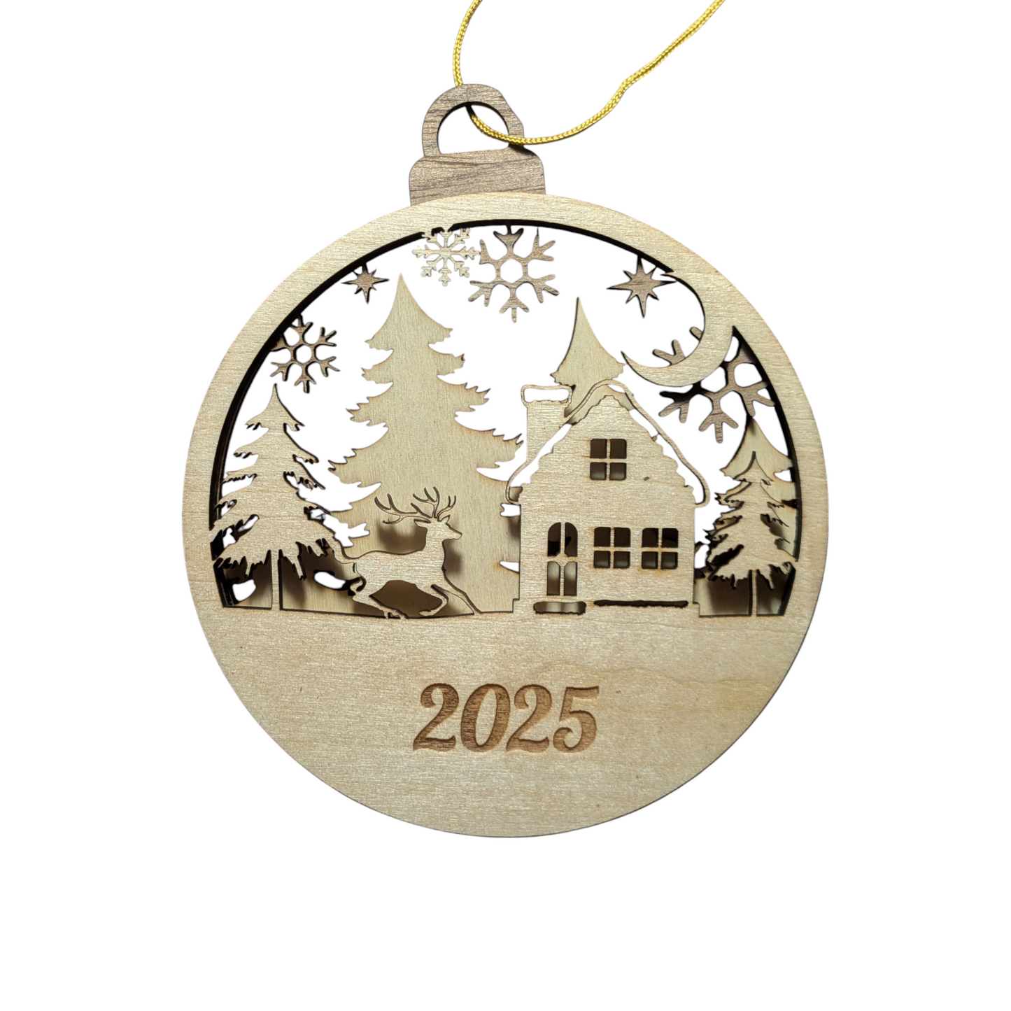 Wooden Christmas ornament with a house, trees, and '2025' on a white background