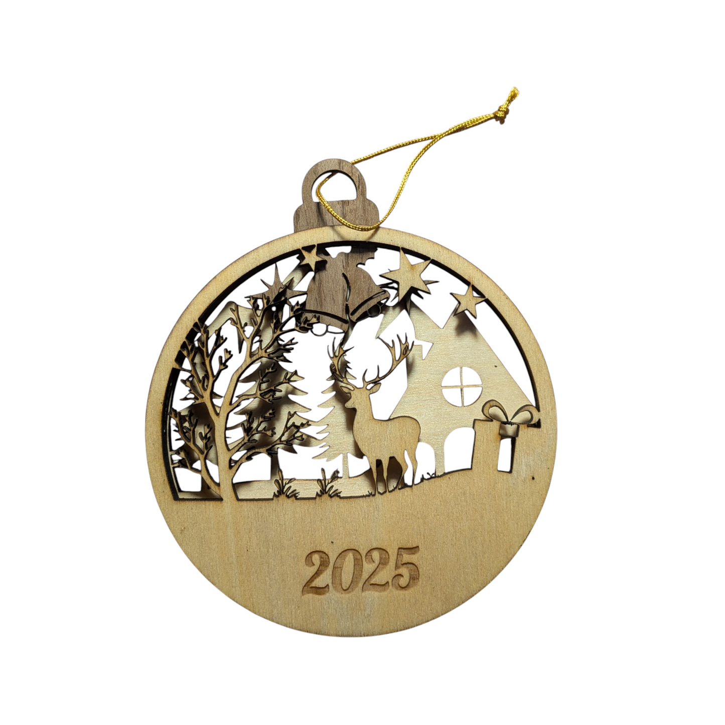 Wooden Christmas ornament with deer and tree design, featuring the year 2025, on a white background.