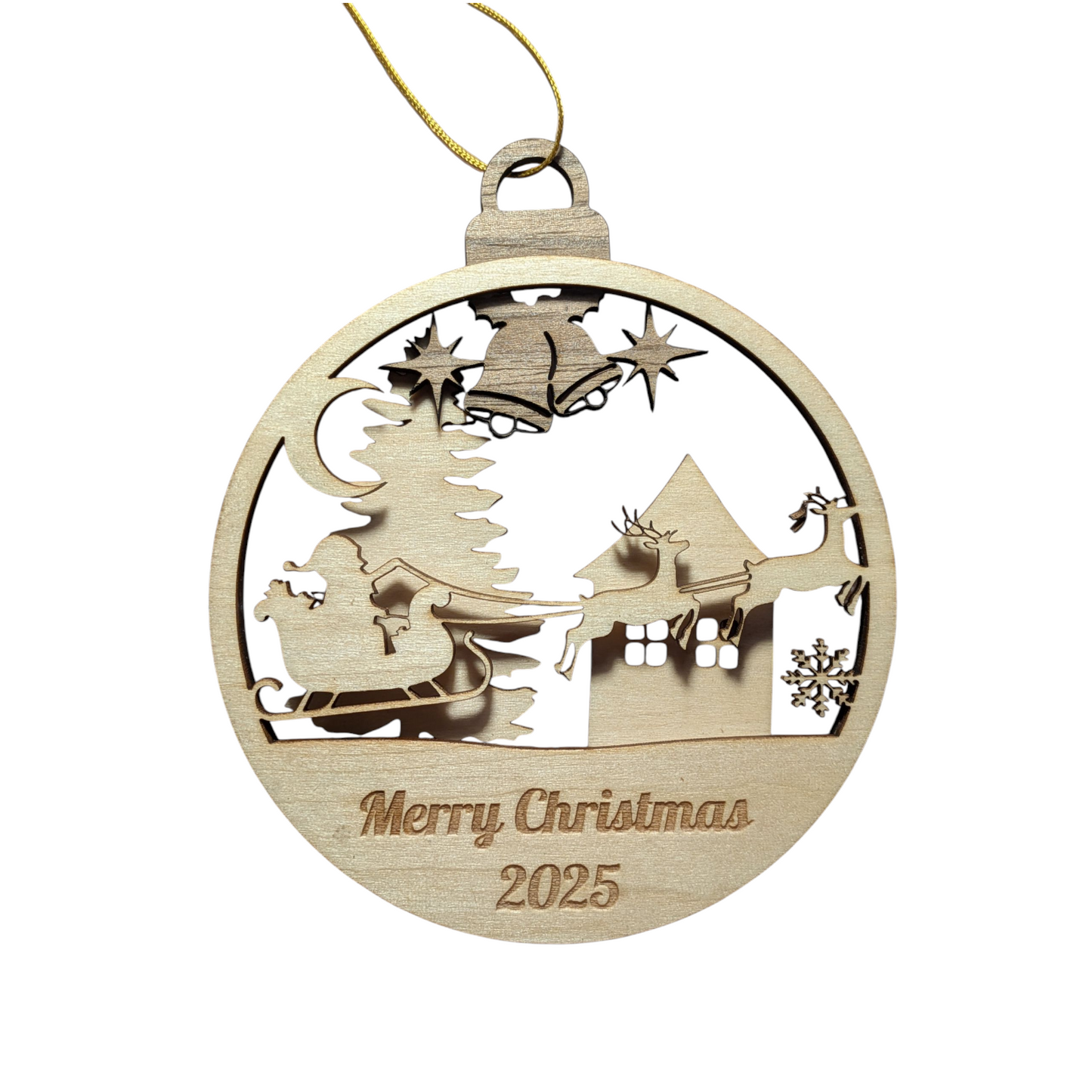 Wooden Christmas ornament with Santa Claus, reindeer, and sleigh design on a white background.