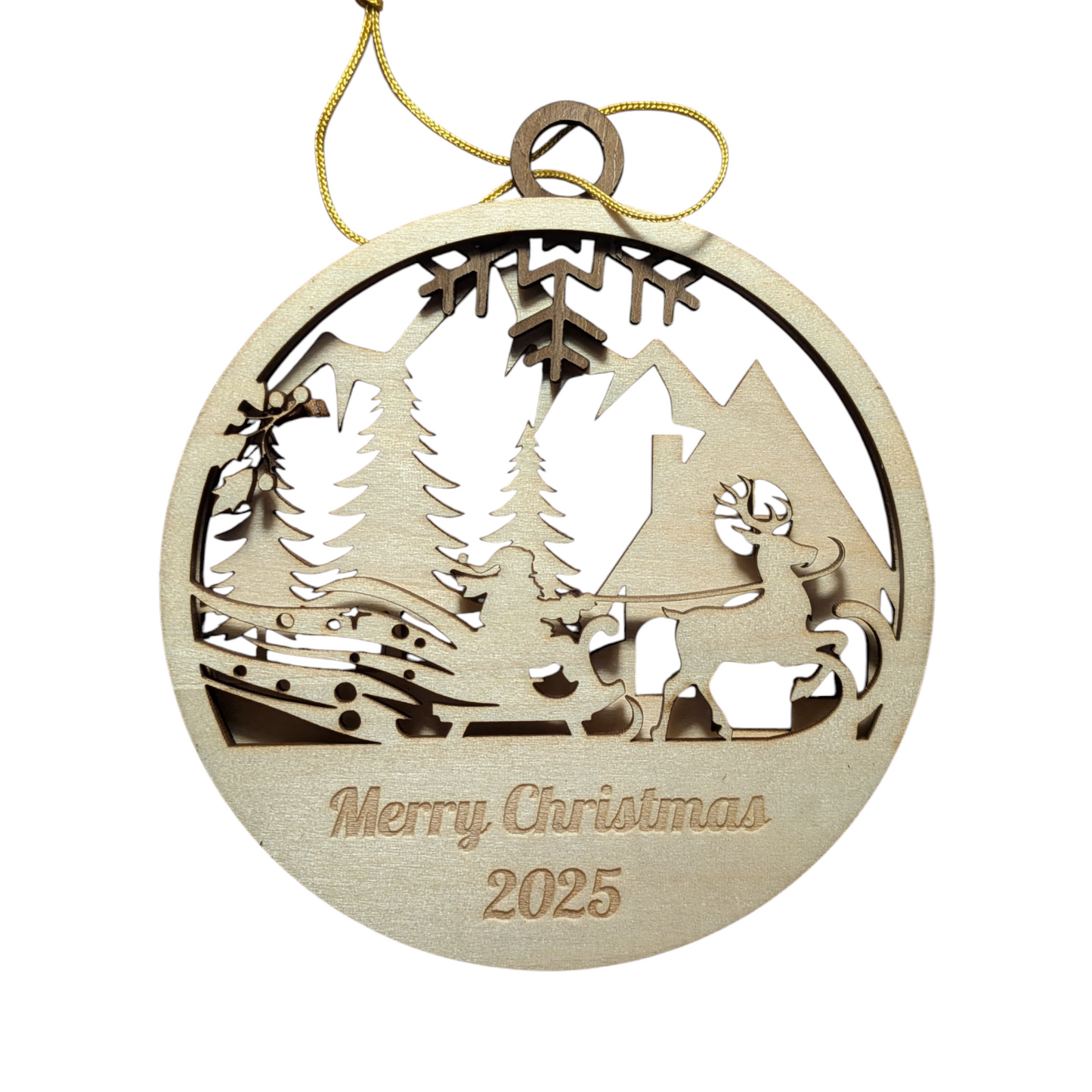 Wooden Christmas ornament with reindeer and trees, featuring 'Merry Christmas 2025' text.