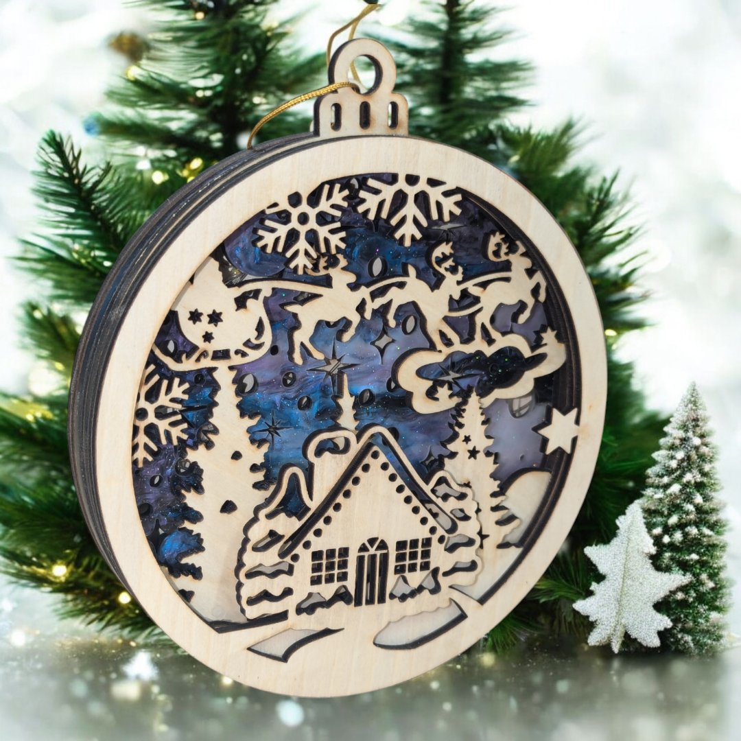 Christmas Village Ornament, Lighted - 7 Layer Ornaments with Birch and Acrylic Accents