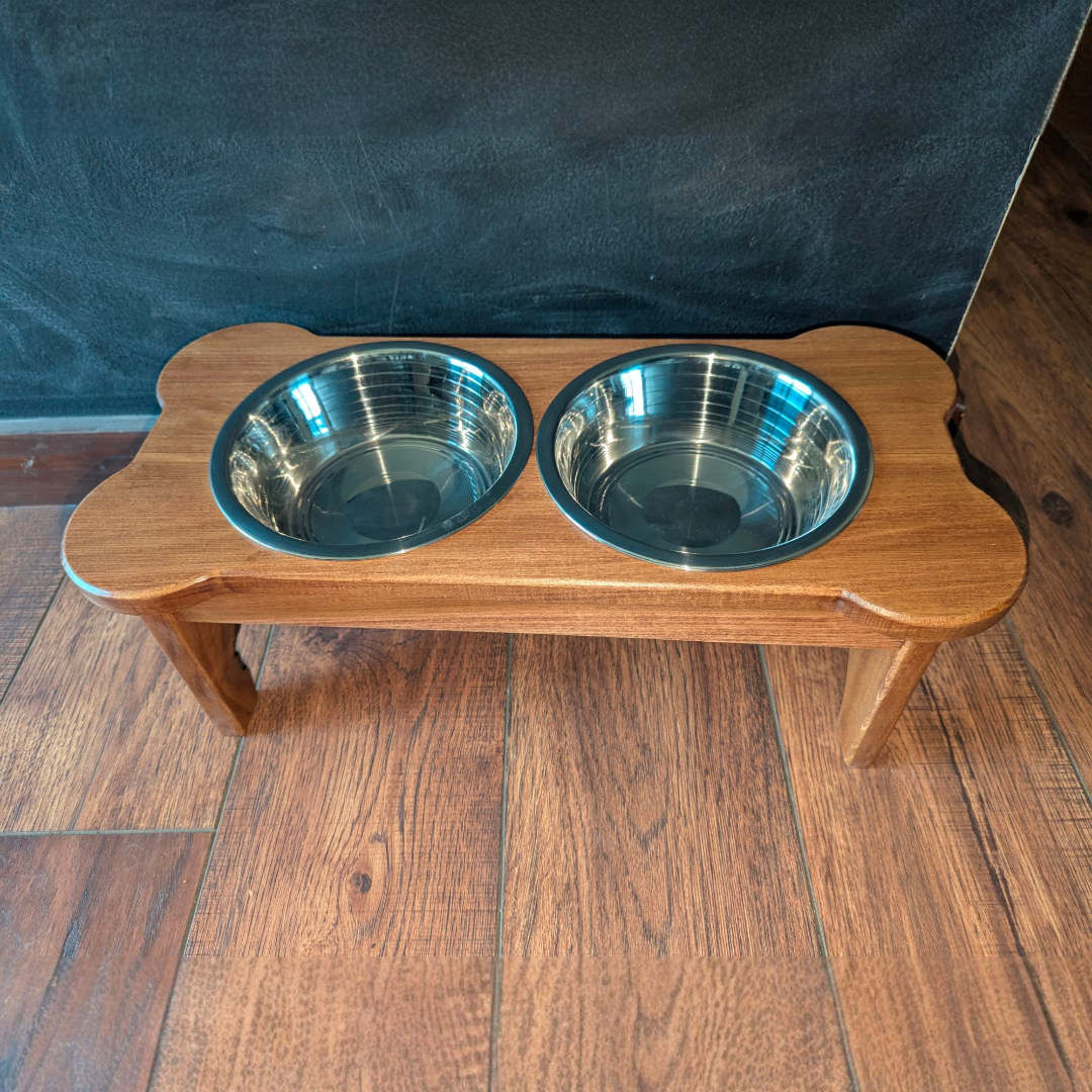 Handmade Bone Shaped Dog Feeder with 2 bowls