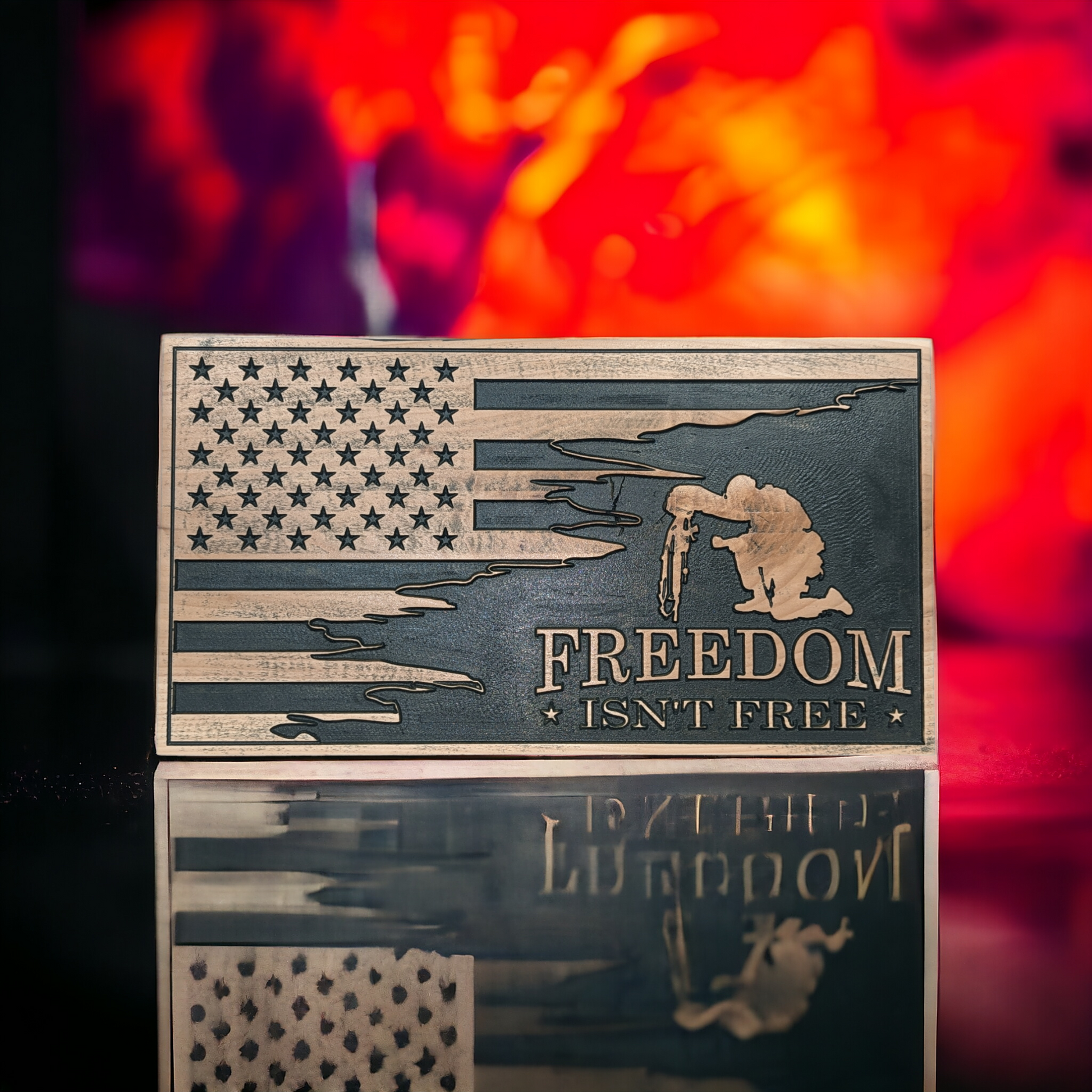 Rustic Wood American Flag, Freedom isn't Free, Patriotic Wall Art with Soldier Kneeling