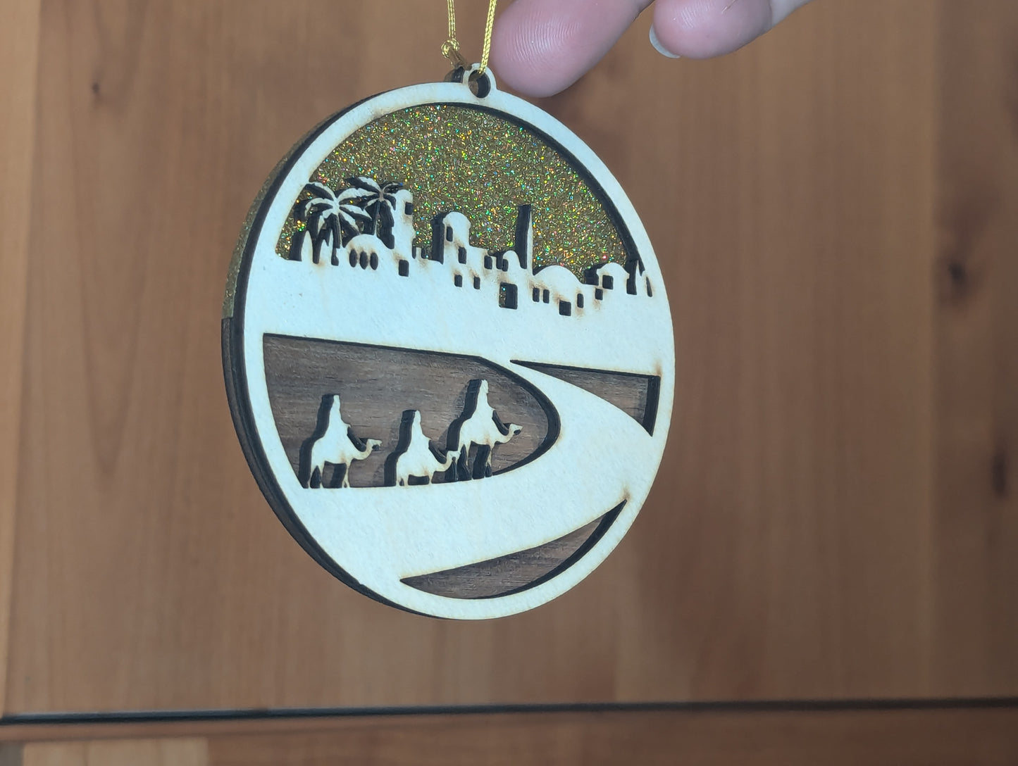 Christmas Ornament w/ Walnut and Gold Sparkle Acrylic accents