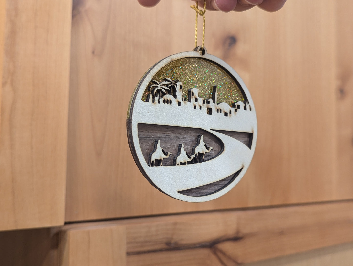 Christmas Ornament w/ Walnut and Gold Sparkle Acrylic accents