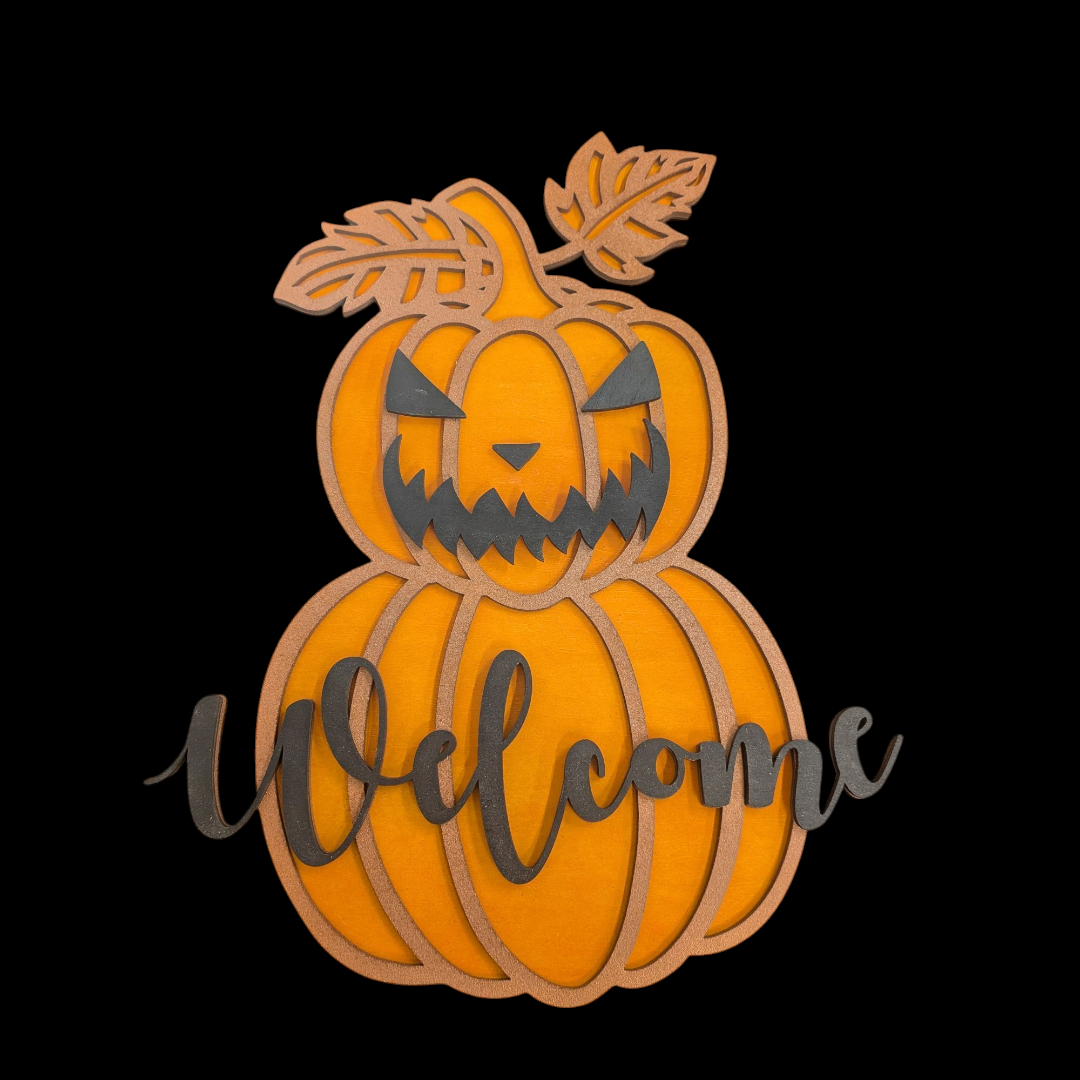 Round Door Hanger, Spooky Stacked Halloween Pumpkin Welcome Sign