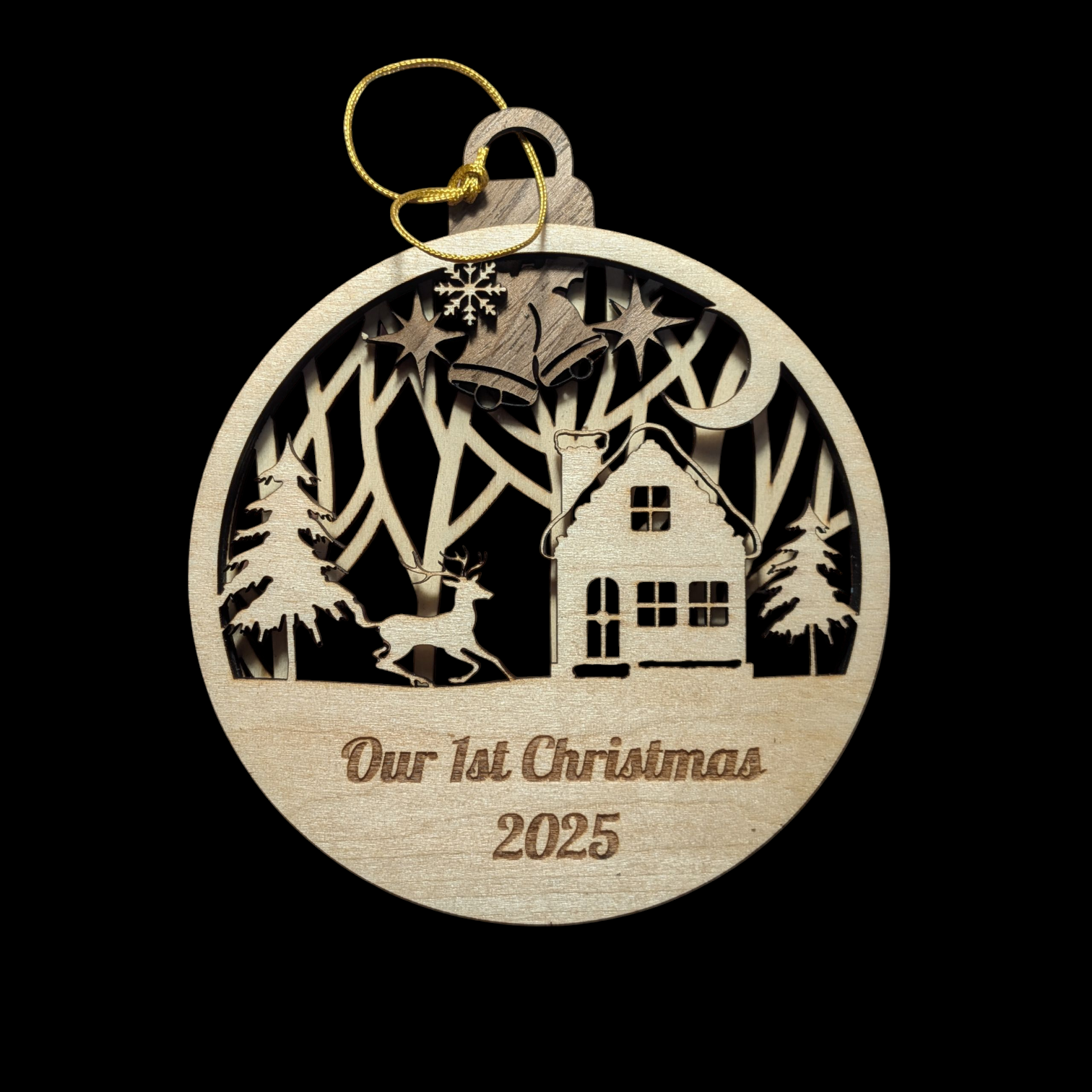 Wooden Christmas ornament with 'Our 1st Christmas 2025' text on a black background