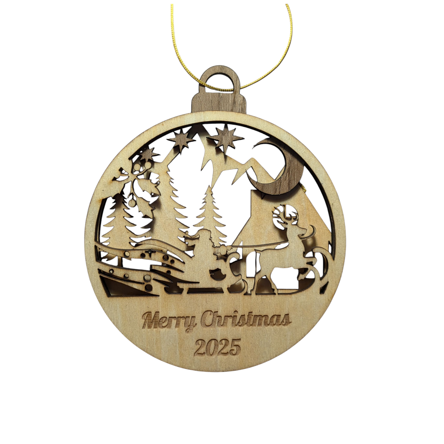Wooden Christmas ornament with cut-out design of a sleigh and reindeer, featuring 'Merry Christmas 2025' text.