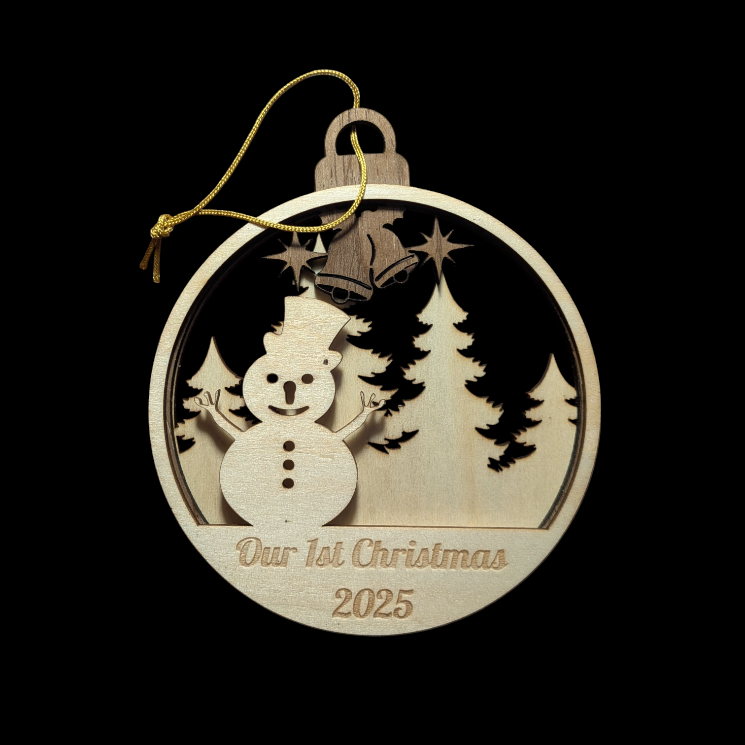 Wooden Christmas ornament with a snowman and trees, featuring 'Our 1st Christmas 2025' text.