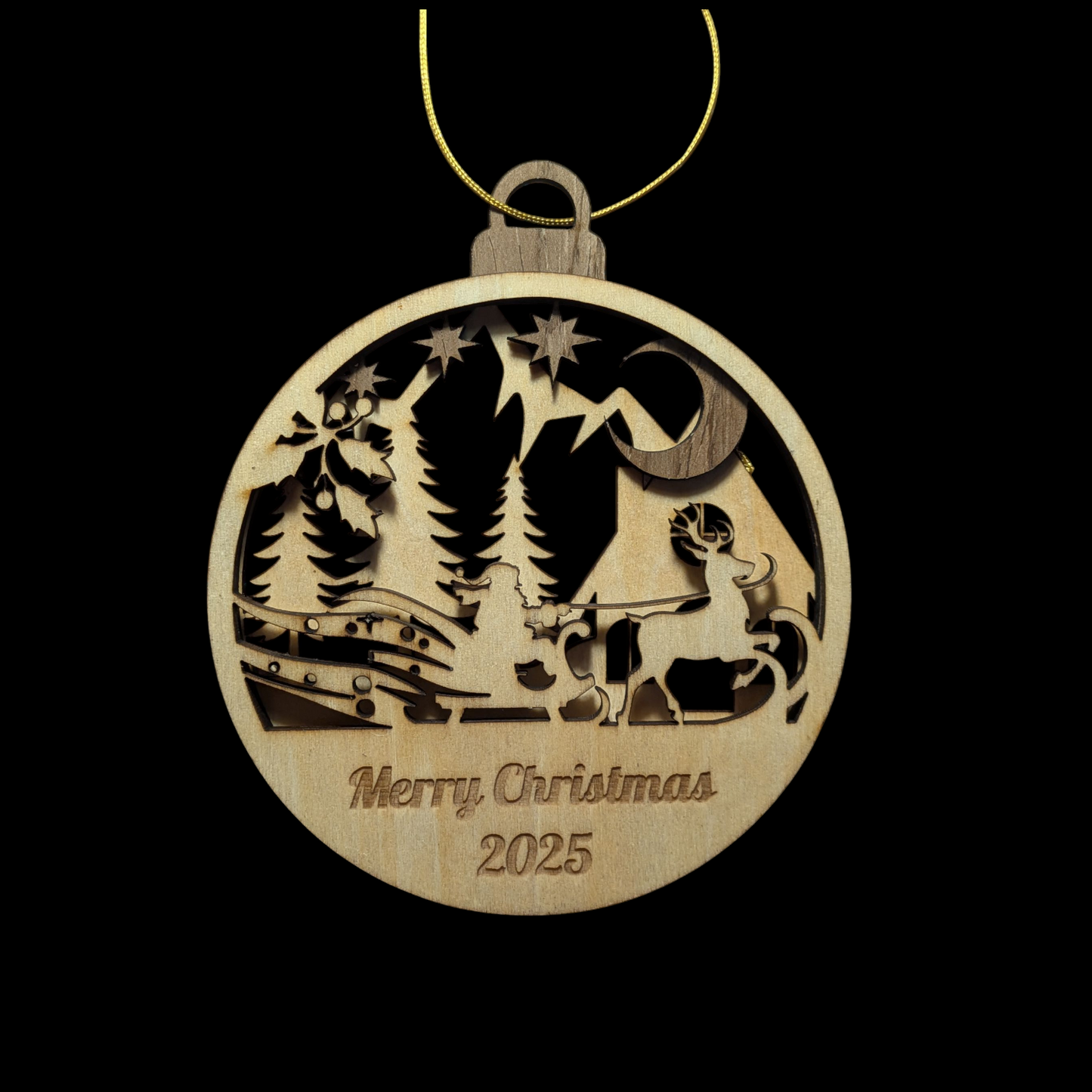 Wooden Christmas ornament with reindeer and sleigh design, 'Merry Christmas 2025' text, on a black background