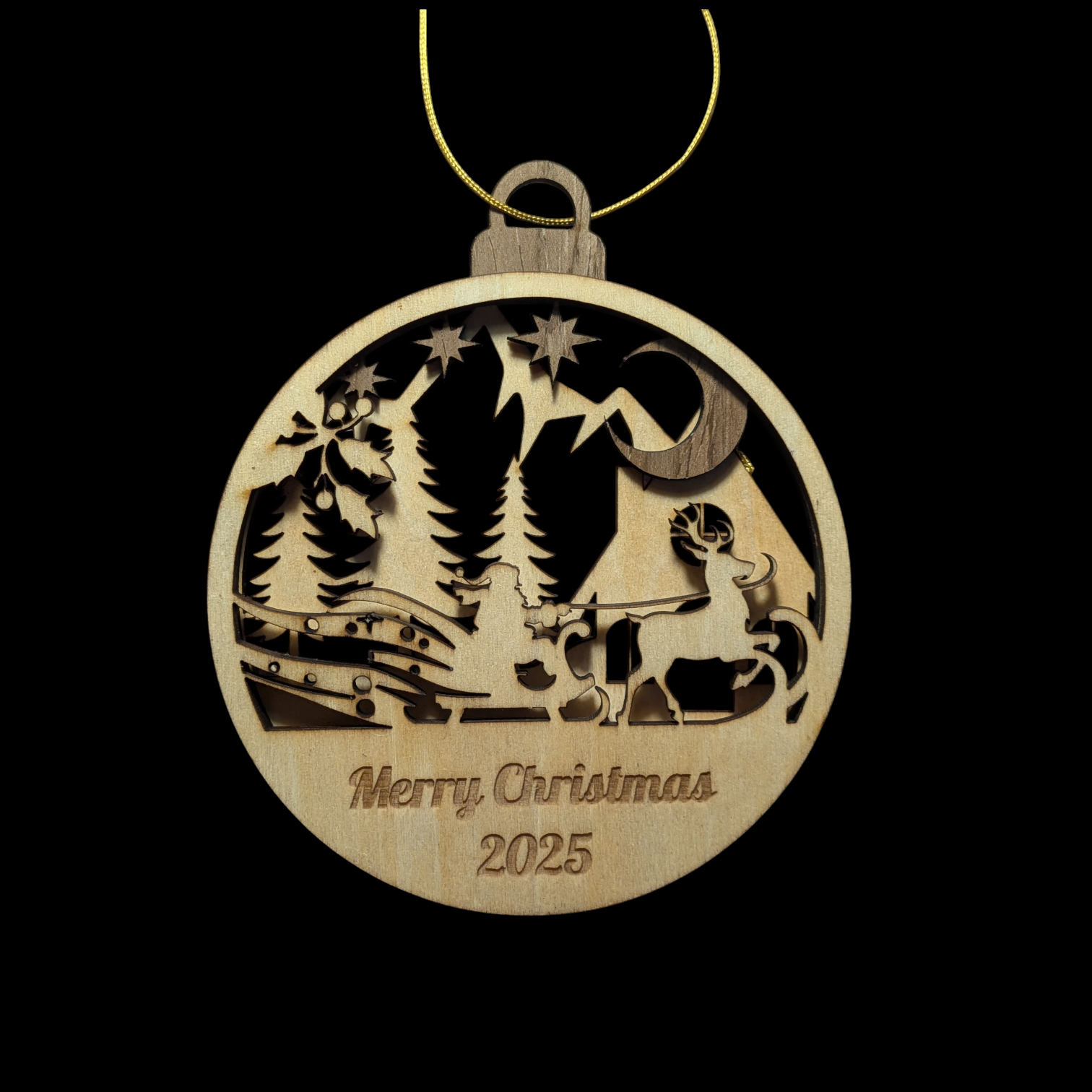 Wooden Christmas ornament with reindeer and sleigh design, 'Merry Christmas 2025' text, on a black background