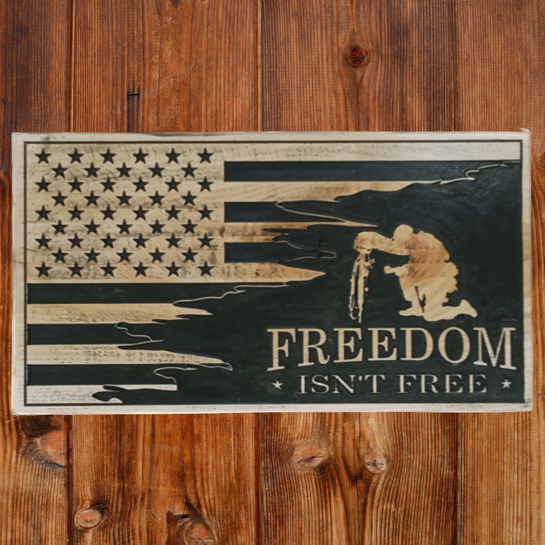 Rustic Wood American Flag, Freedom isn't Free, Patriotic Wall Art with Soldier Kneeling