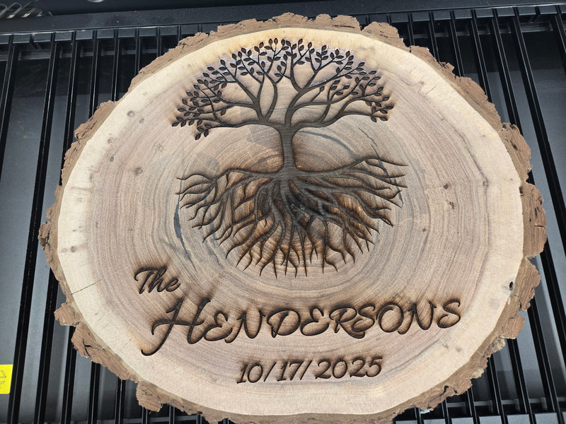 Custom laser engraved wood slab plaque