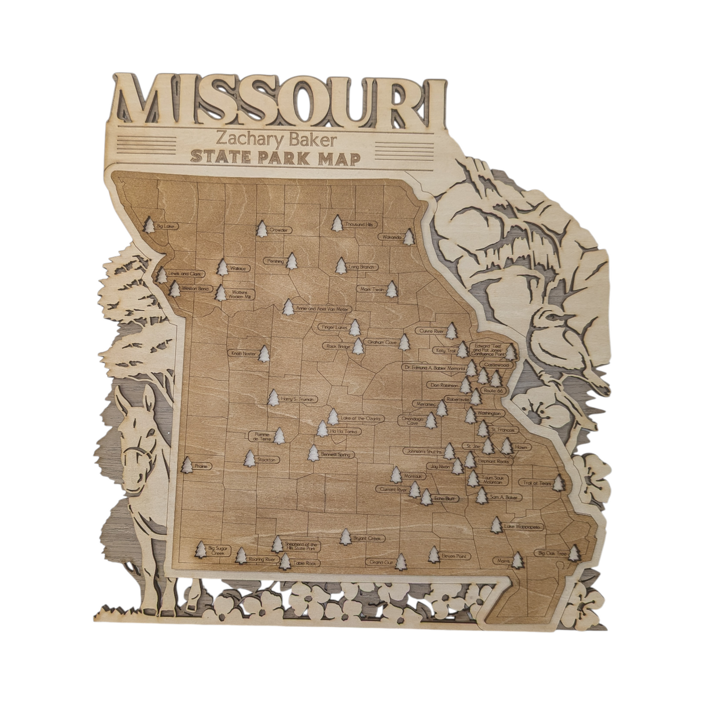 Personalized State Travel Map With Inserts, Missouri State Parks Wooden Family Travel Map Tracker