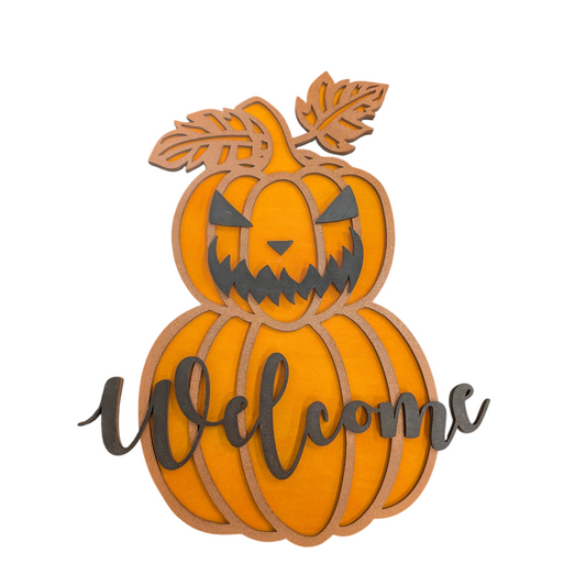 Round Door Hanger, Spooky Stacked Halloween Pumpkin Welcome Sign