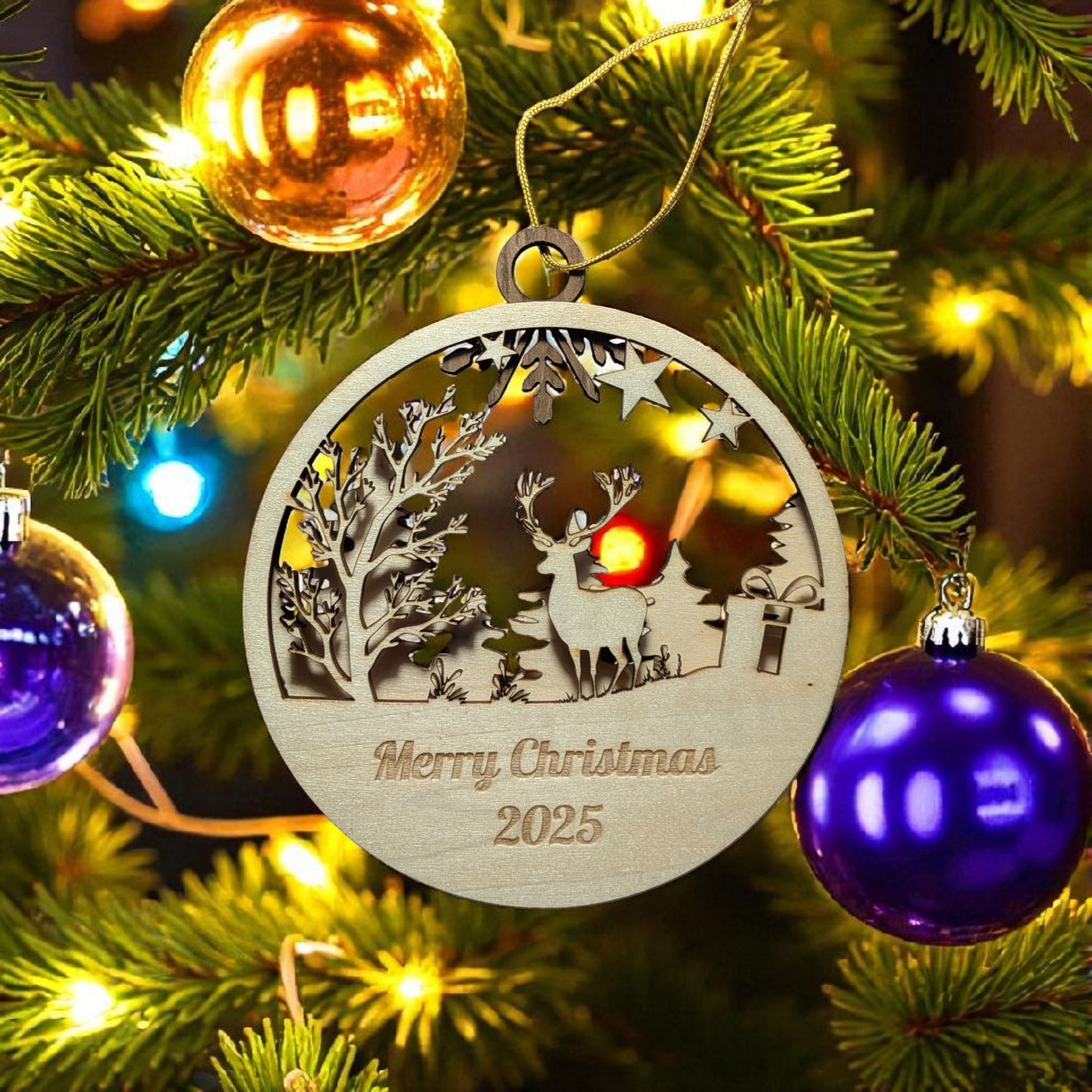 Wooden Christmas ornament with reindeer design on a decorated tree with colorful lights.