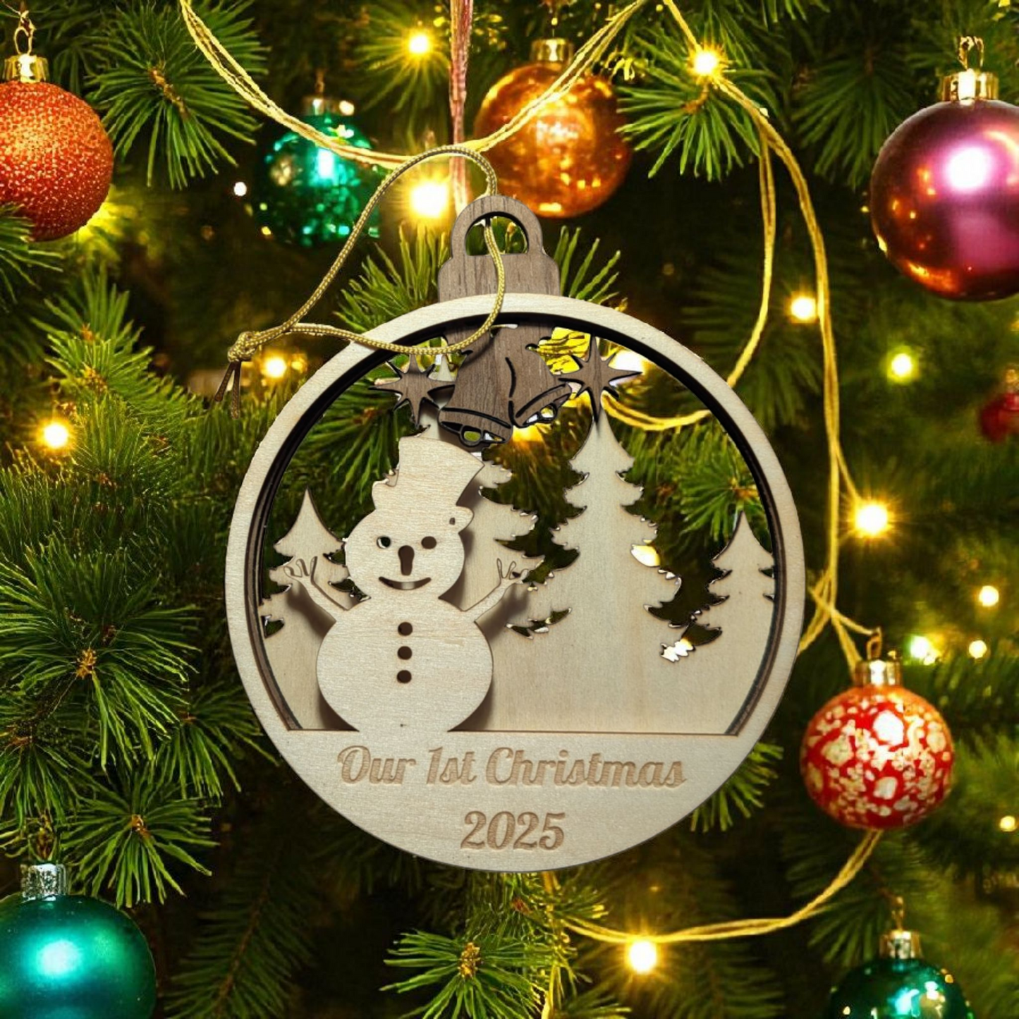 Wooden ornament with snowman design on a Christmas tree with colorful ornaments and lights.