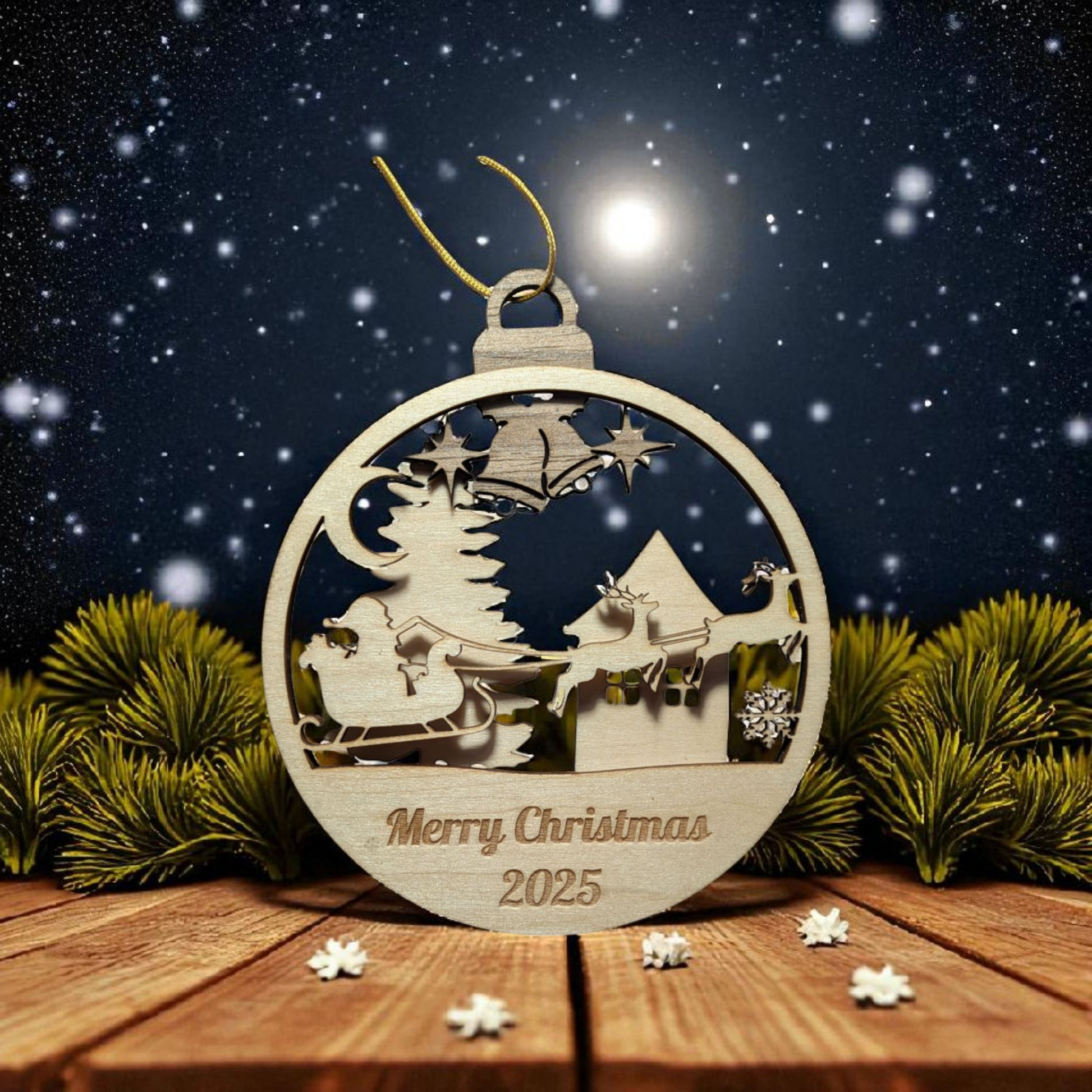 Wooden Christmas ornament with Santa Claus and reindeer design, 'Merry Christmas 2025' text, on a wooden surface with a festive background.