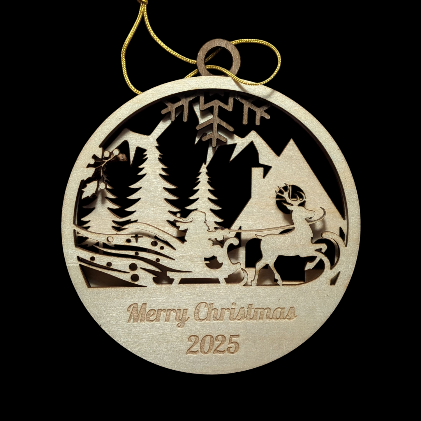 Wooden Christmas ornament with a reindeer and sleigh design, featuring 'Merry Christmas 2025' text.