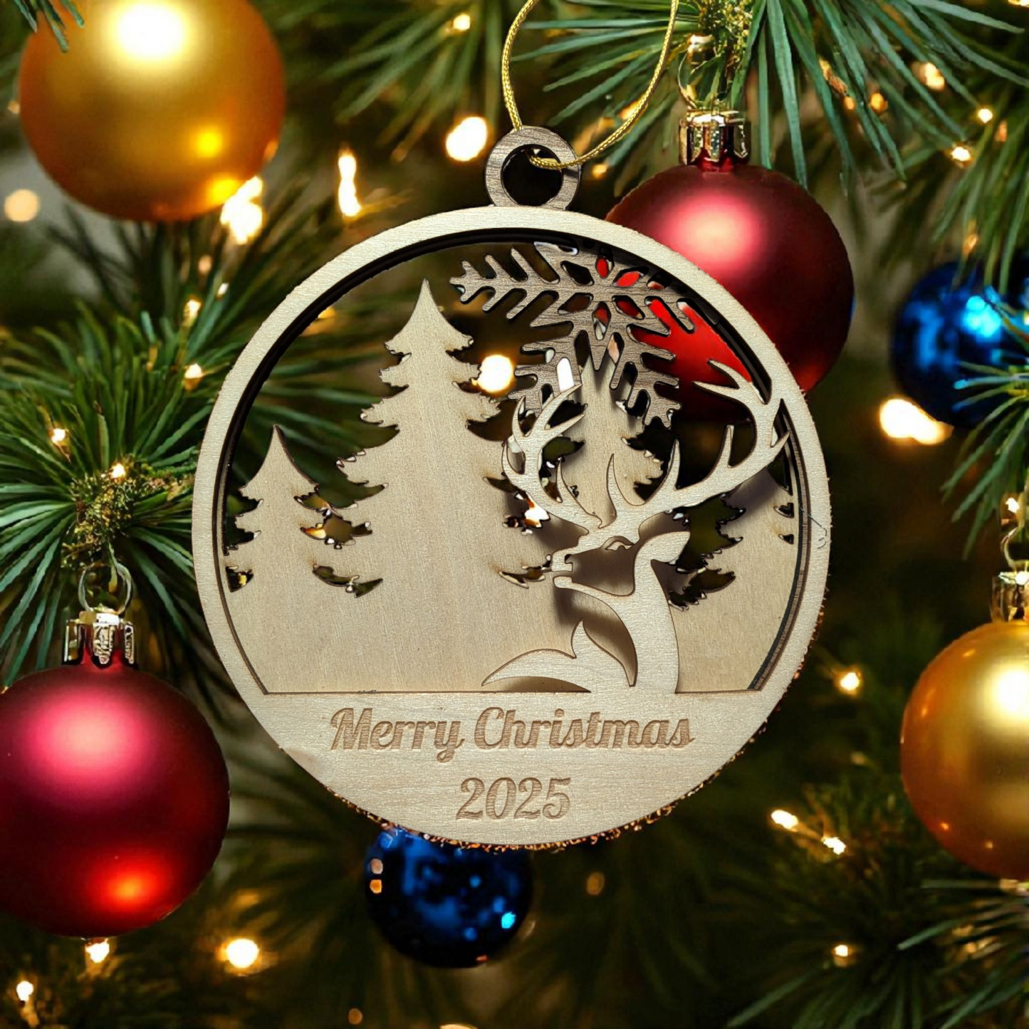 Decorative Christmas ornament with reindeer design and 'Merry Christmas 2025' text, surrounded by colorful ornaments on a tree.