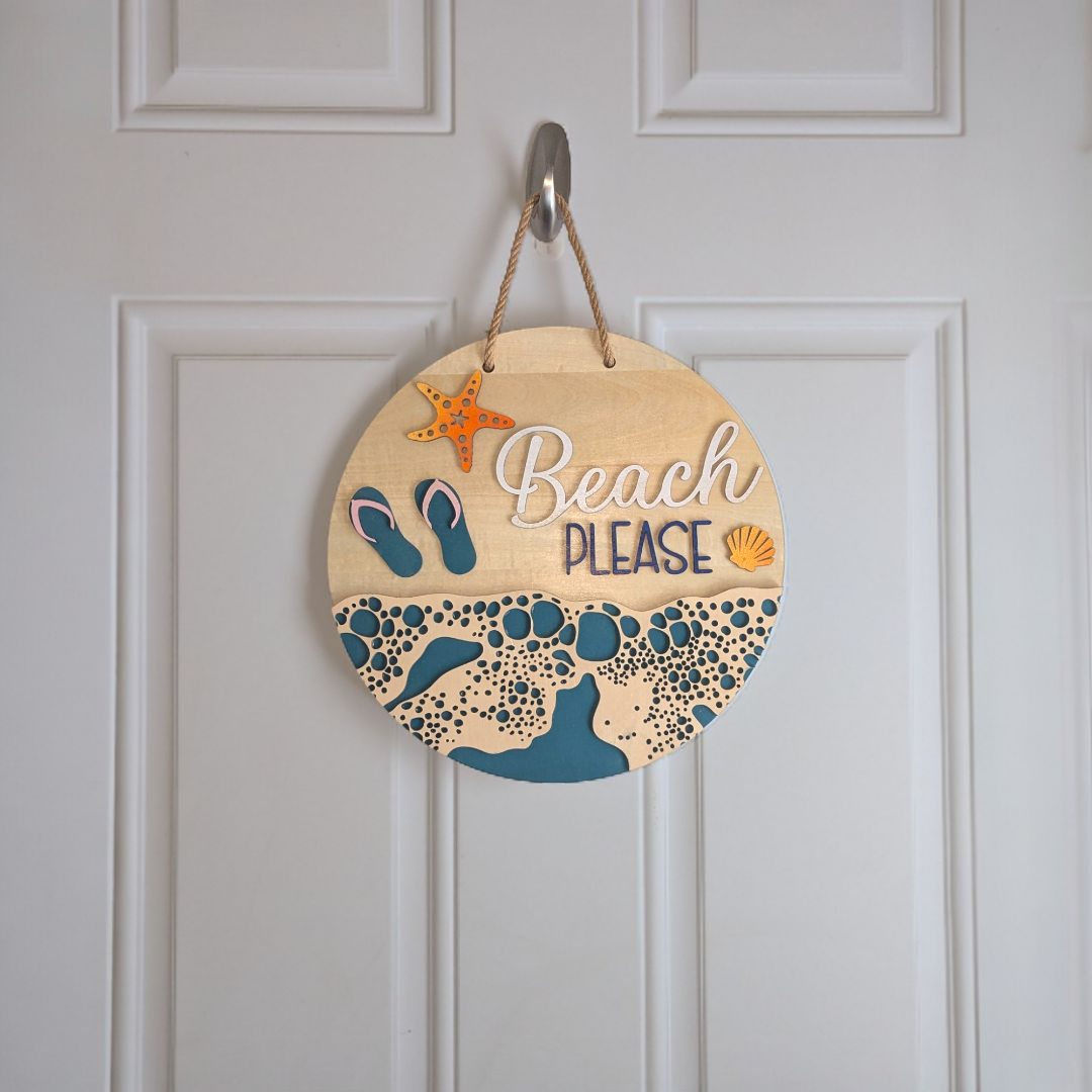 Beach Please Door Hanger with sand and flip flops