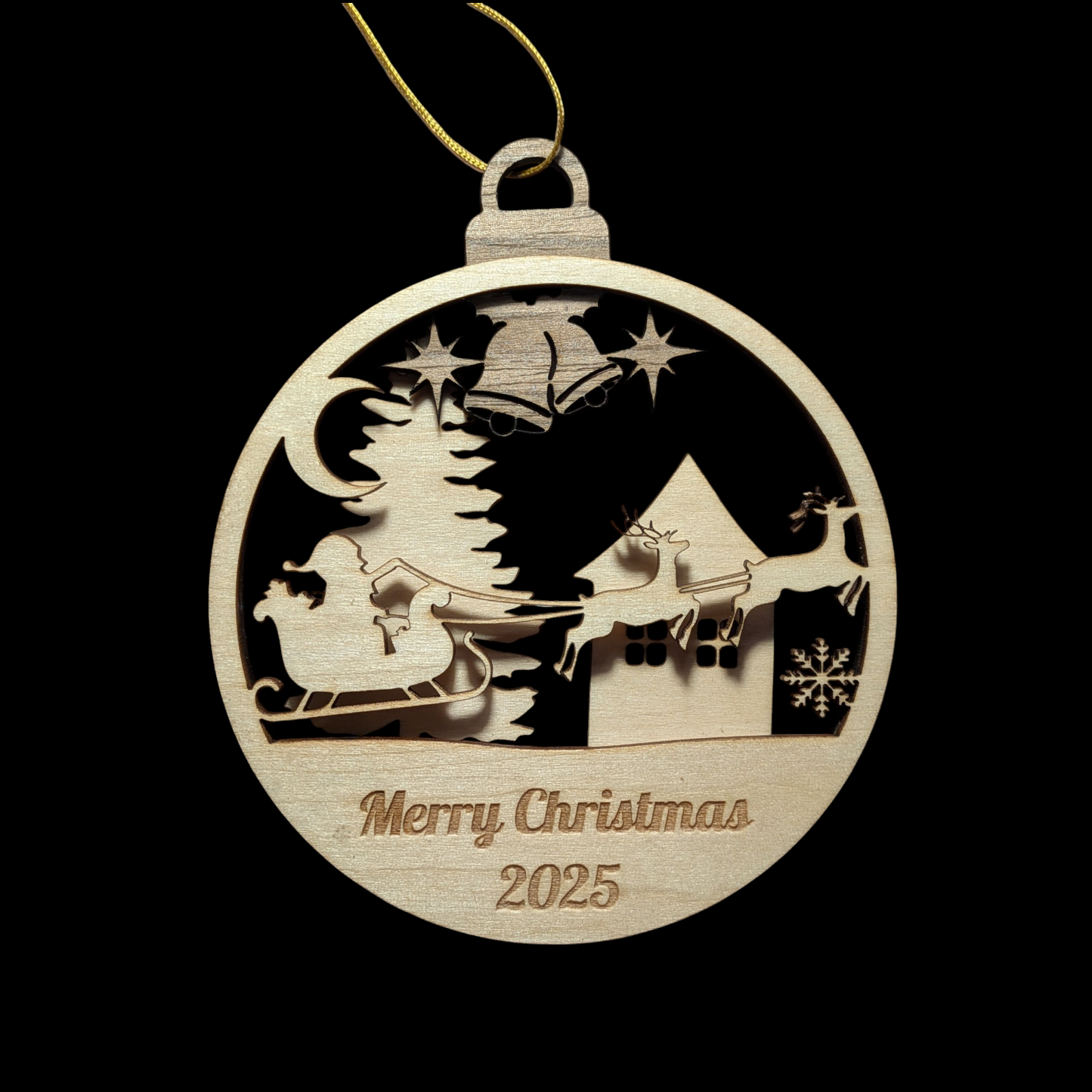 Wooden Christmas ornament with Santa Claus and reindeer design, featuring 'Merry Christmas 2025' text on a black background.